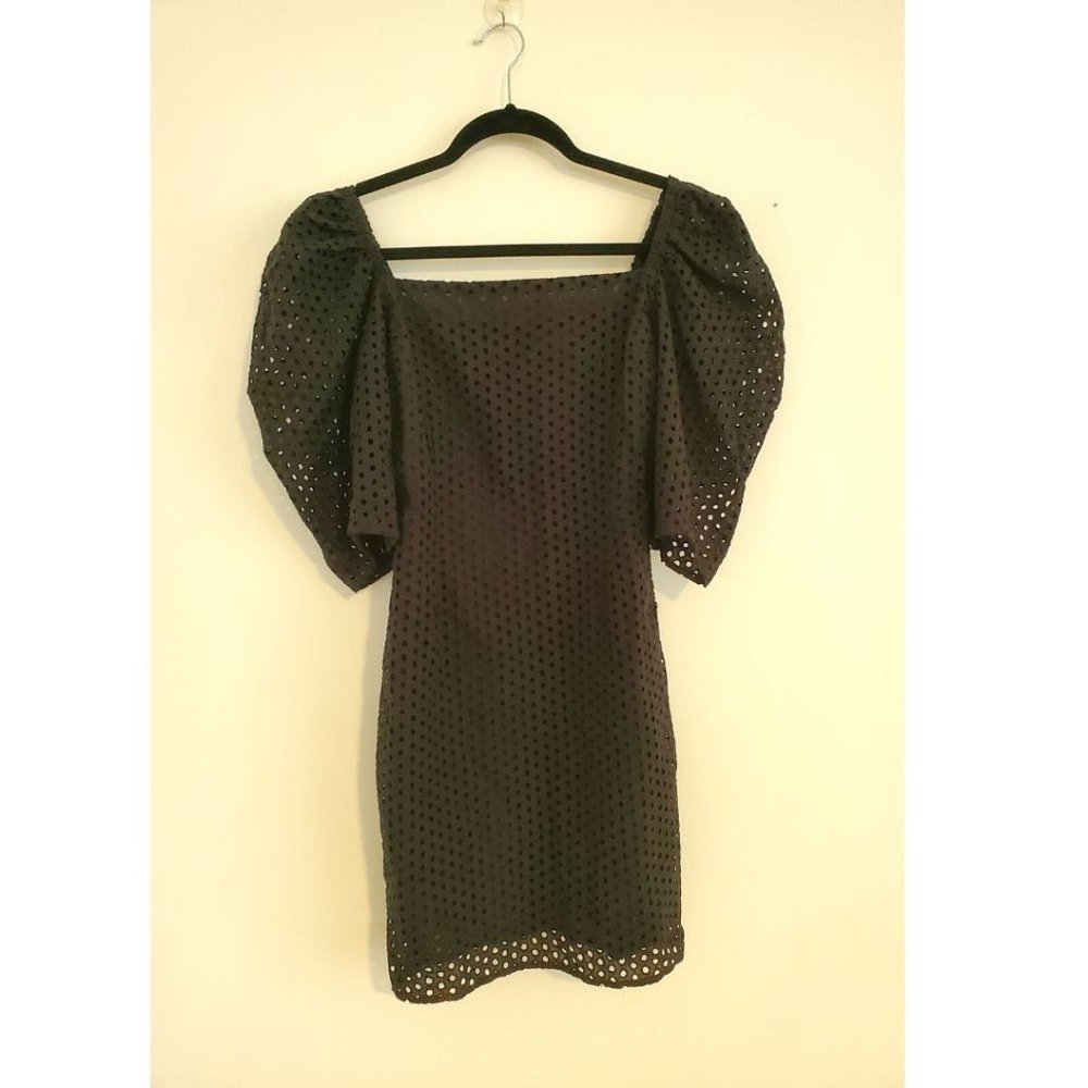 Black Eyelet Mini Dress Black with Puff-Sleeves